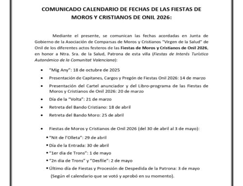 Comunicado calendario de Fechas de las Fiestas de Moros y Cristianos de Onil 2026